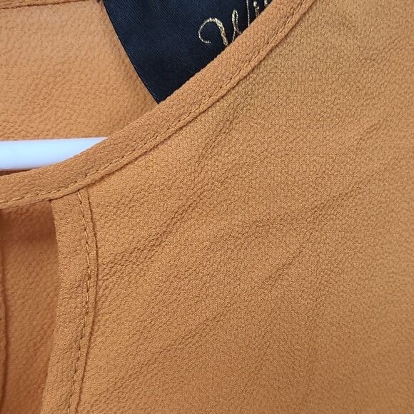 Women's Crochet Lace Mesh Short Sleeve Keyhole Mustard Yellow Crepe Blouse Top S - Picture 5 of 8